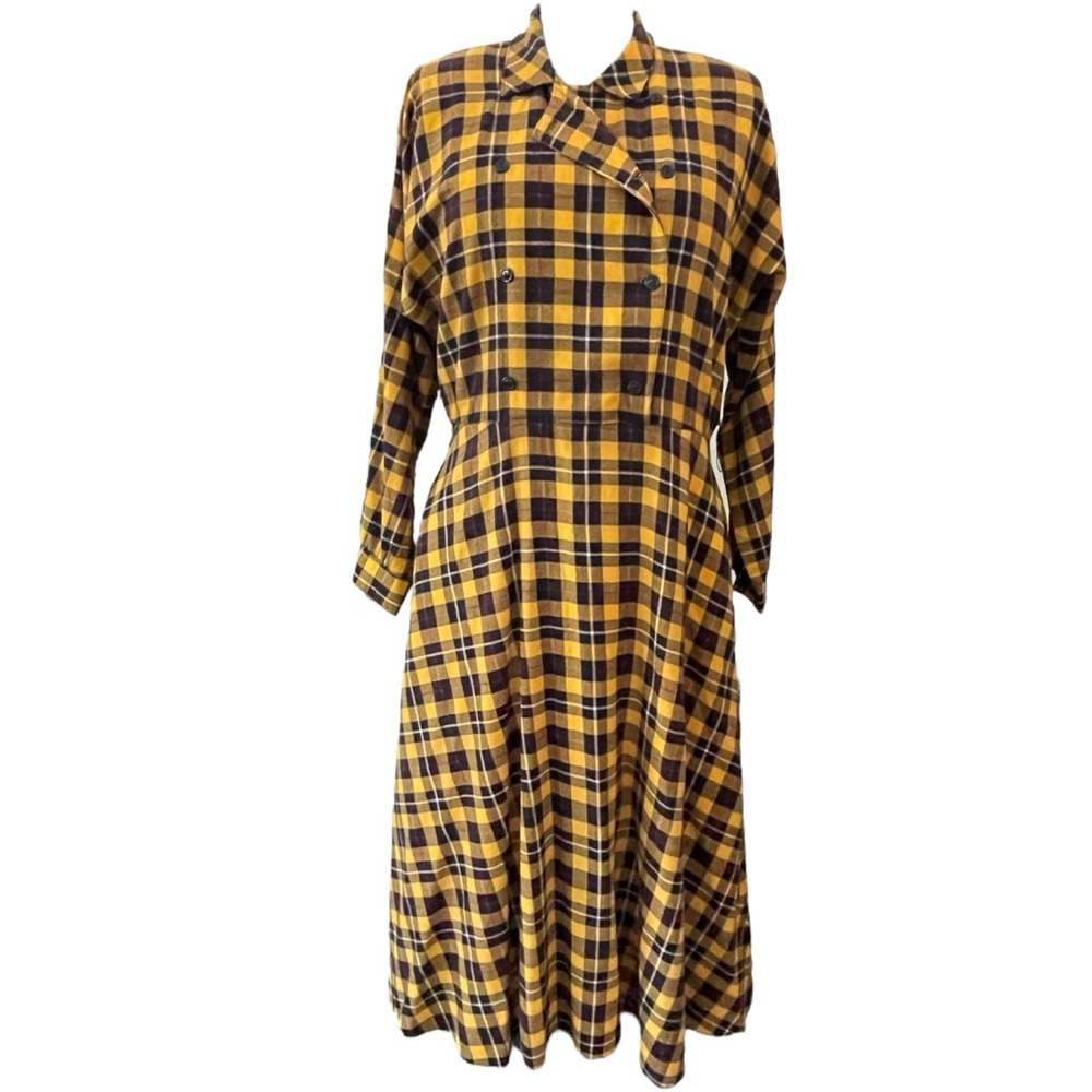 Lerner! Vintage Yellow Buffalo Plaid Women's Midi Dress Fleece cotton Sz: M